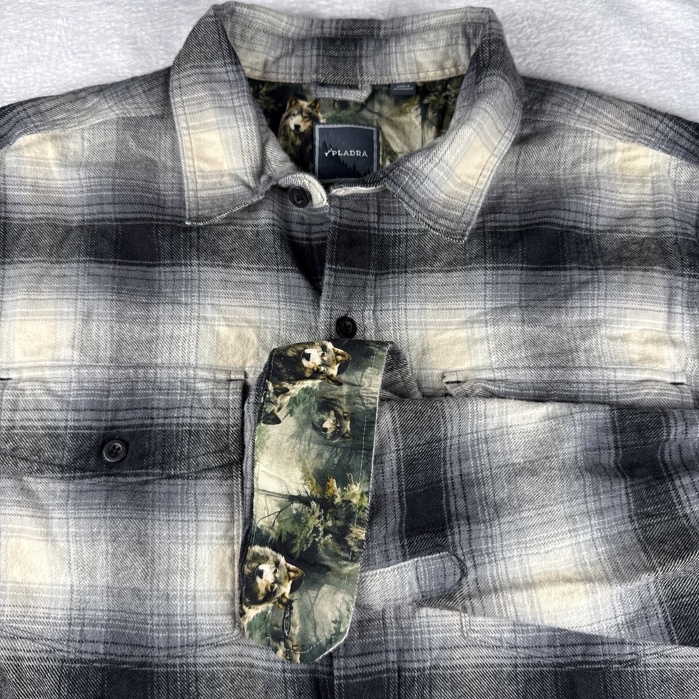 Pladra Men's Plaid Button Up WOLF Printed Flannel Shirt Cotton Size XL‎